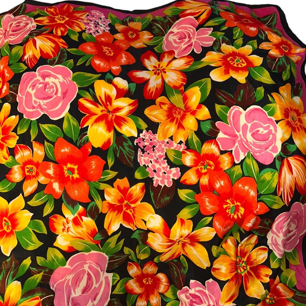 Vintage 100% SILK bright Spring Flowers roses print scarf 34"